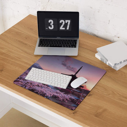 Scenic Sakura pink sunset gaming mouse pad with pagoda and blossoms