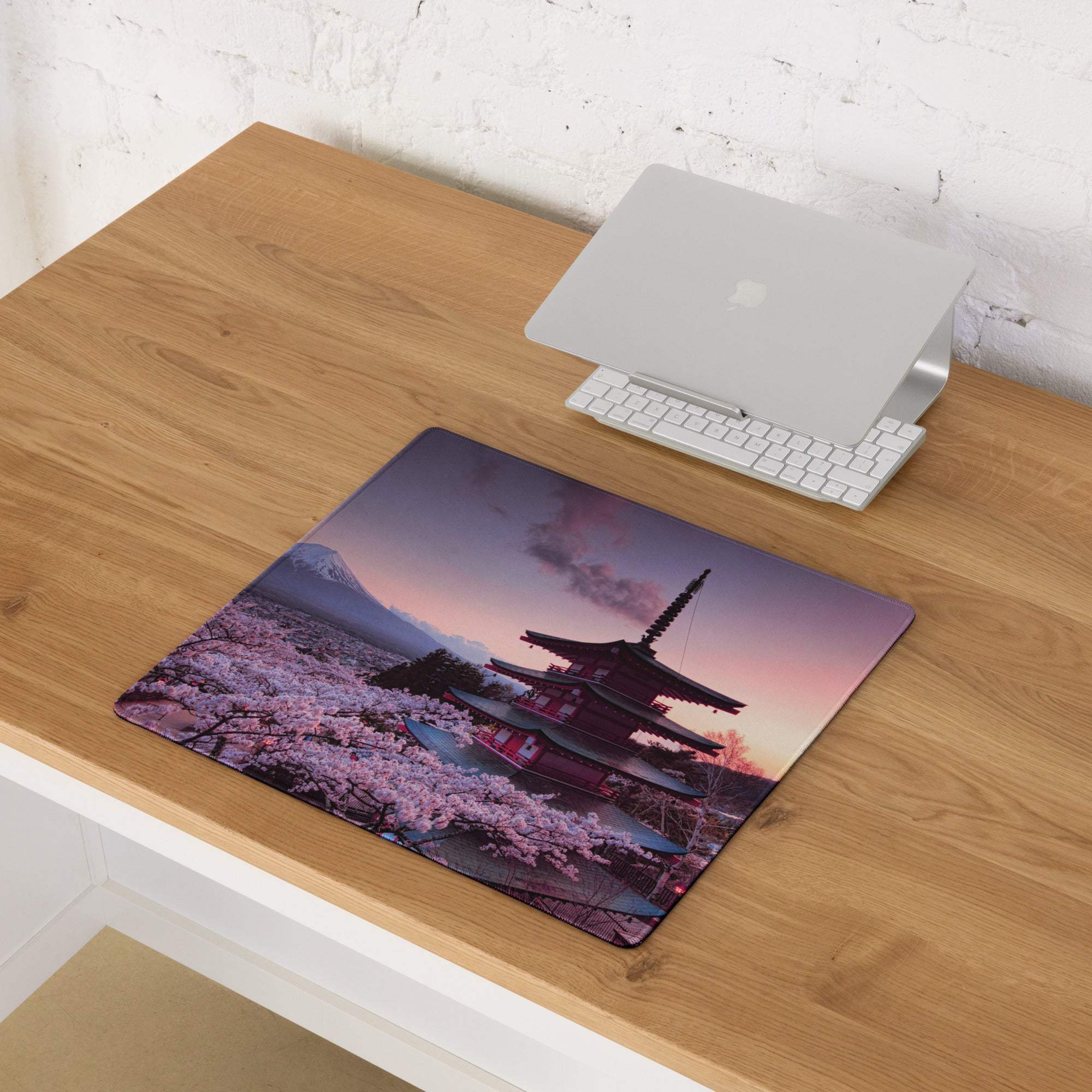 Scenic Sakura pagoda mouse pad with pink sunset cherry blossoms, non-slip base