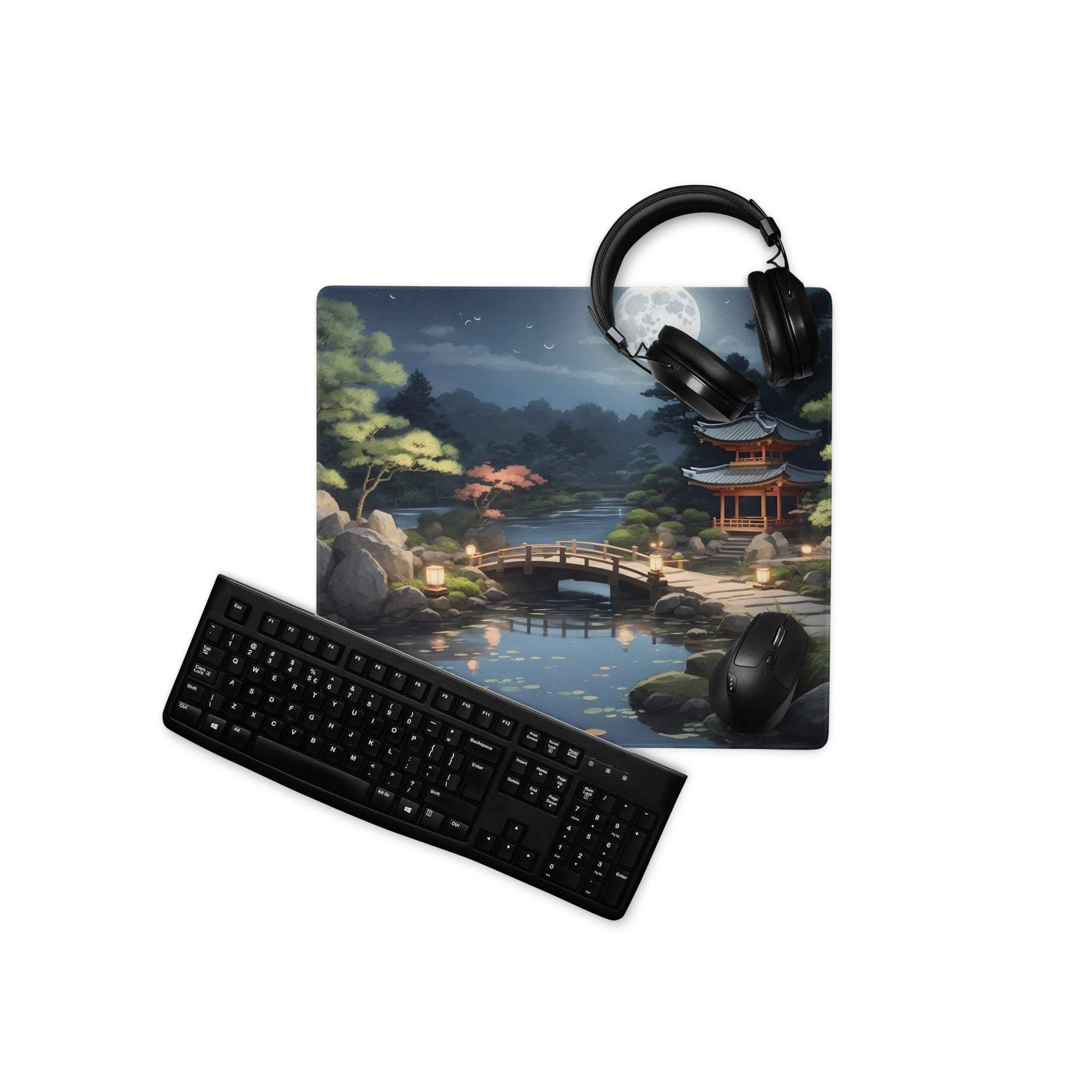 Black keyboard on Moonlit Zen Garden mouse pad large non-slip base