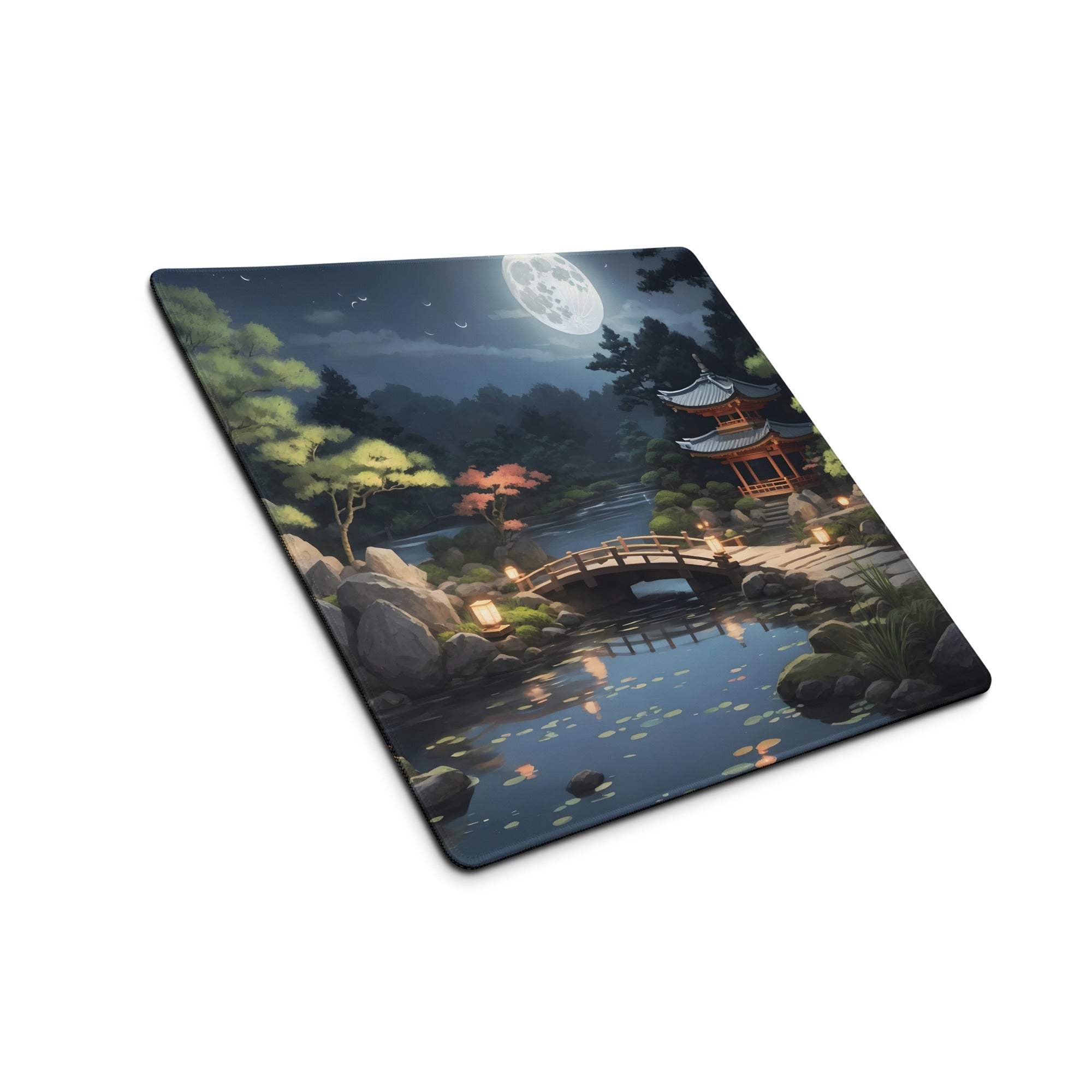 Moonlit Zen Garden gaming mouse pad with Japanese pagoda scene