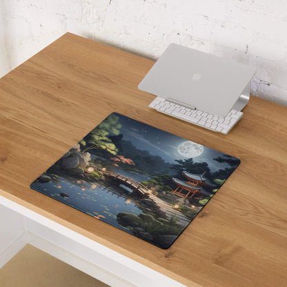 Large Moonlit Zen Garden gaming mouse pad with serene night scene, lanterns, moonlit water, non-slip base, stitched edges
