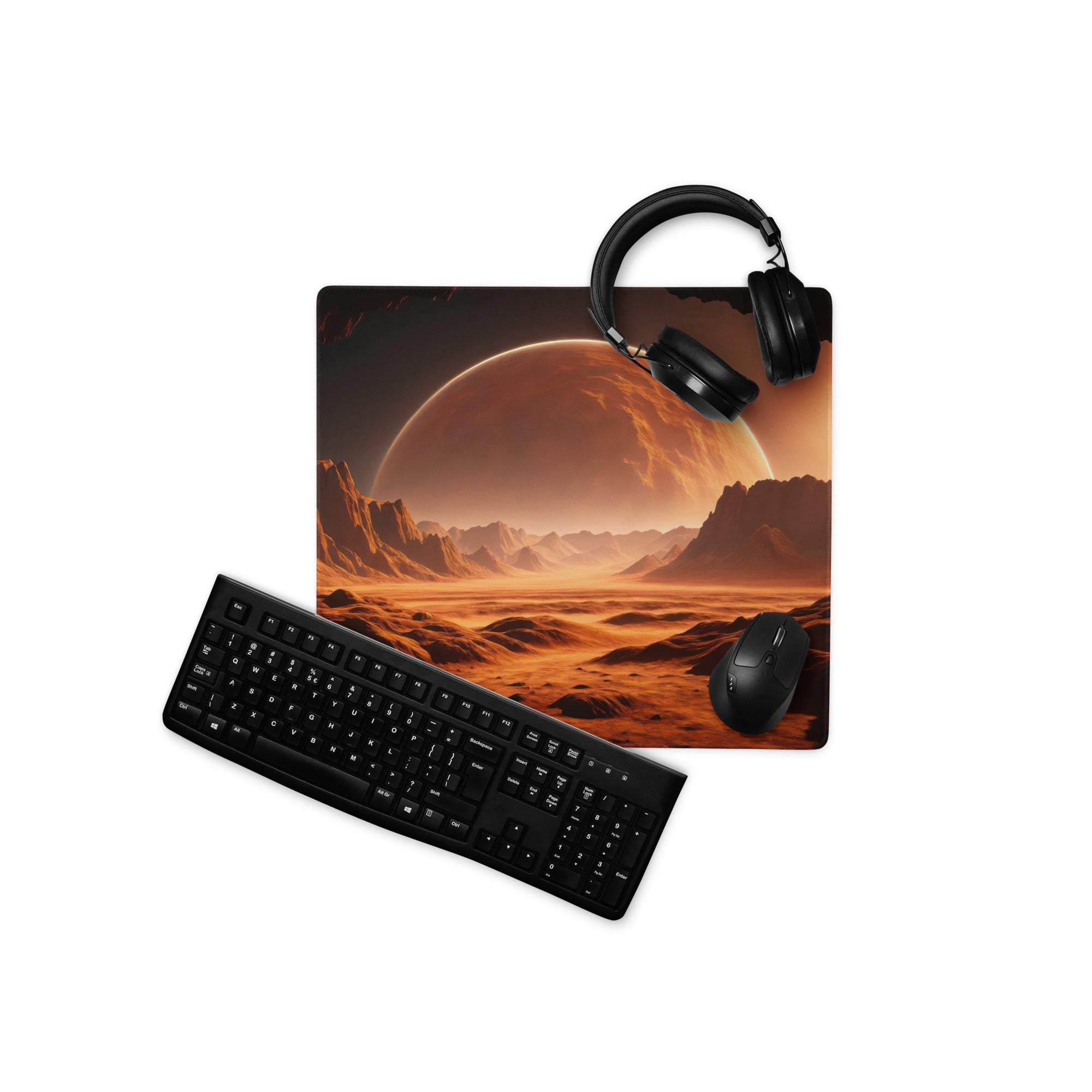 Black keyboard and mouse on fiery orange Martian landscape gaming mousepad