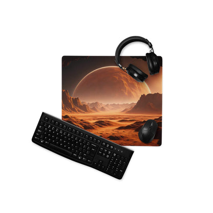 Black keyboard and mouse on fiery orange Martian landscape gaming mousepad