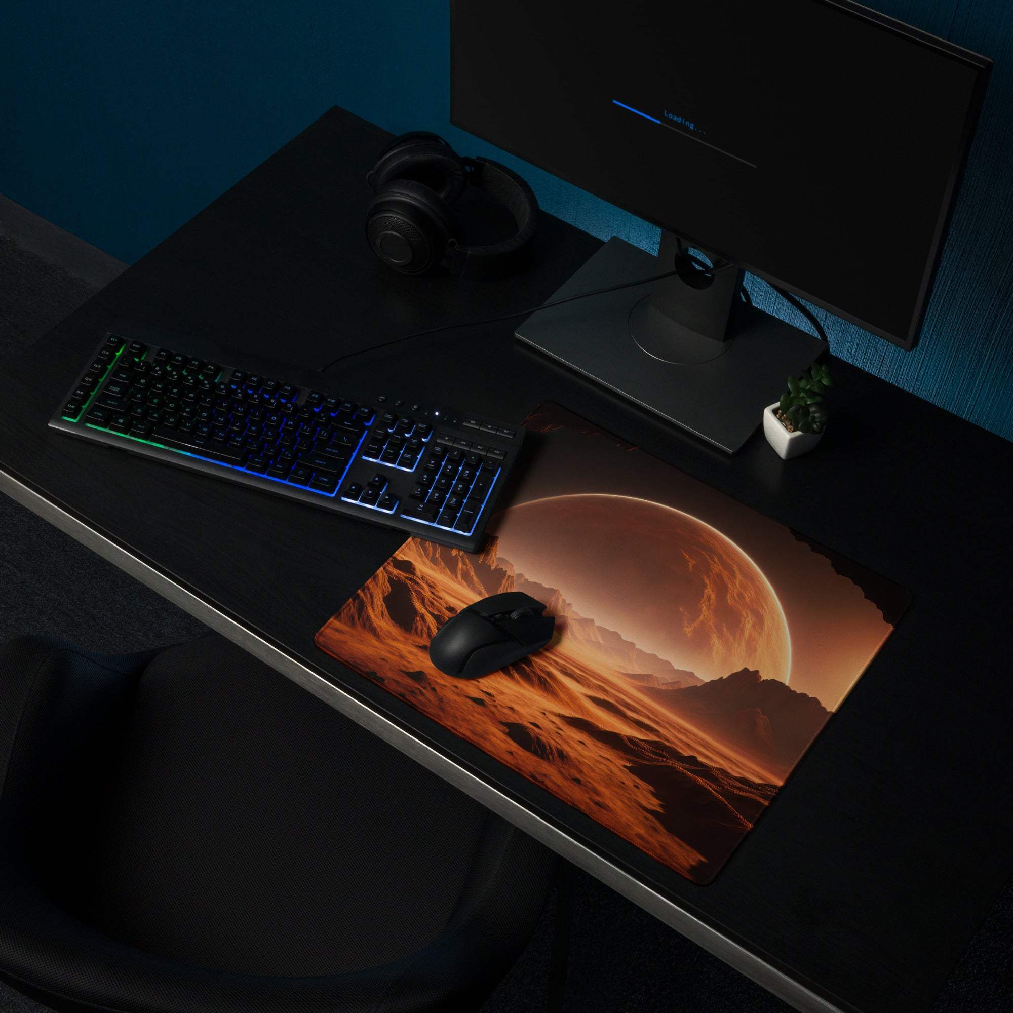 Cinematic fiery orange sunset gaming mouse pad with rugged Martian landscape
