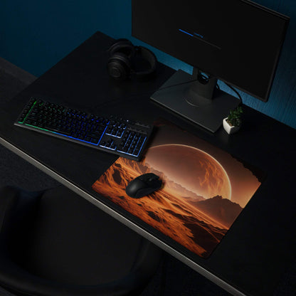 Cinematic fiery orange sunset gaming mouse pad with rugged Martian landscape