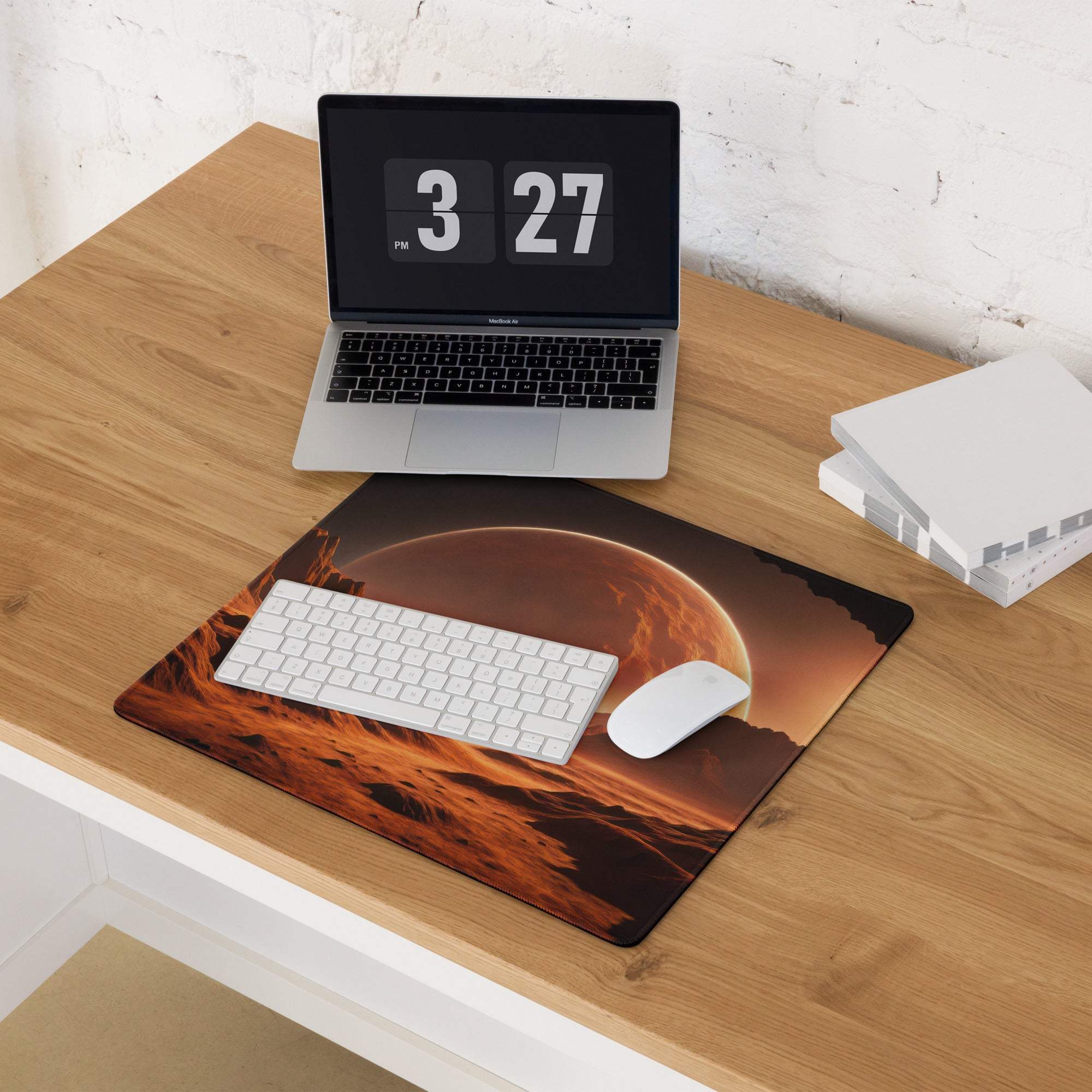 Cinematic gaming mouse pad with fiery orange sunset Martian landscape