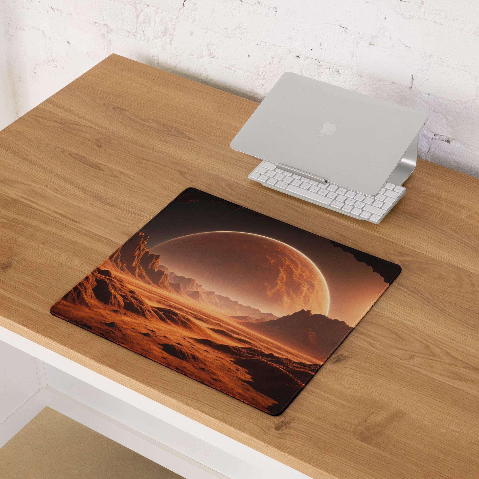 Cinematic fiery orange sunset Martian gaming mouse pad with non-slip backing