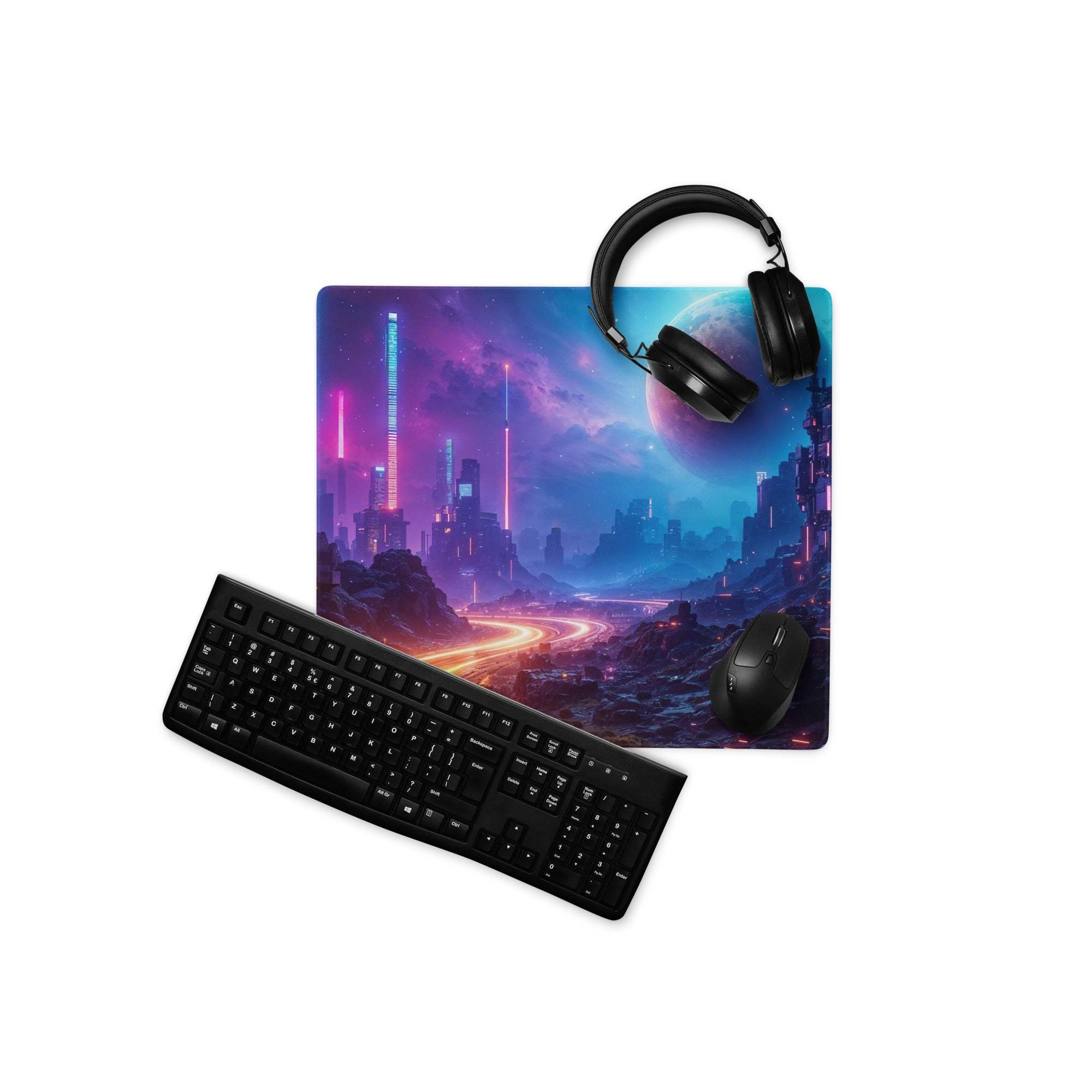 Cyberpunk neon city nightscape gaming mouse pad with purple-blue gradient sky