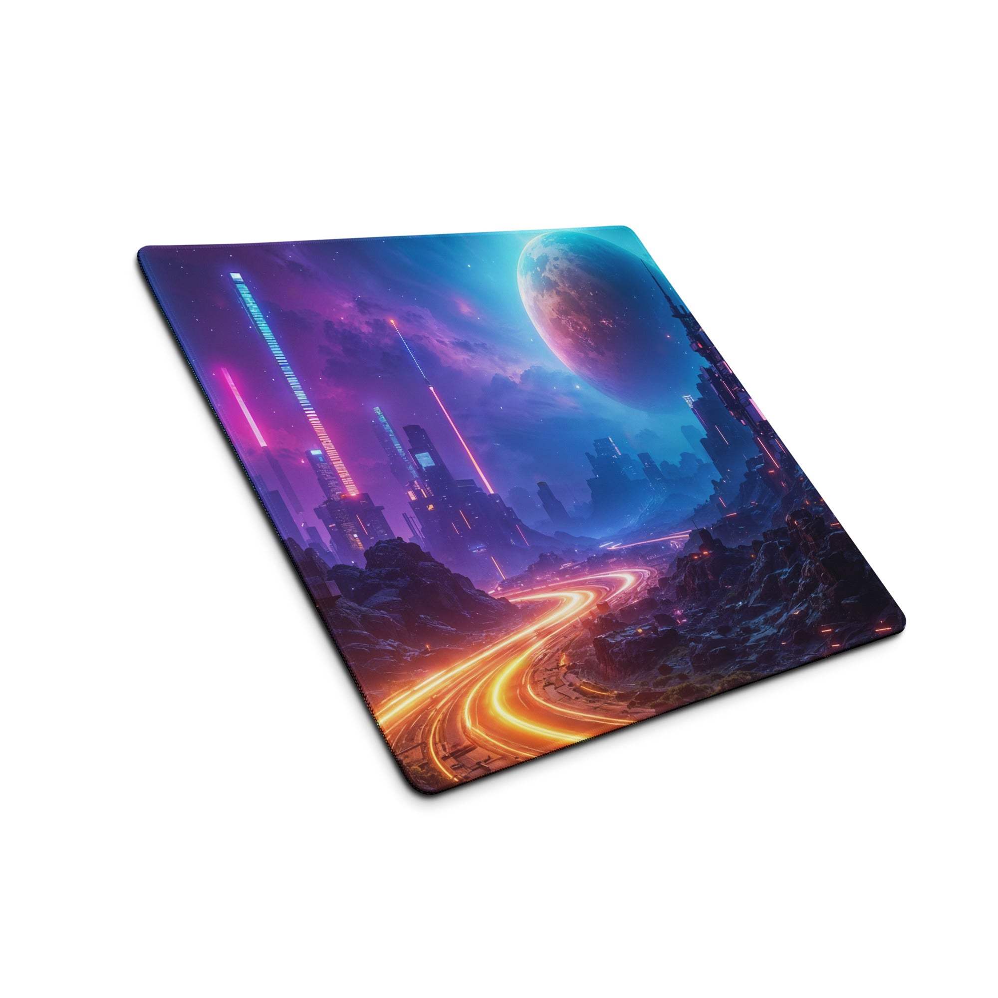 Cyberpunk neon city nightscape gaming mousepad with nebula planet, lights