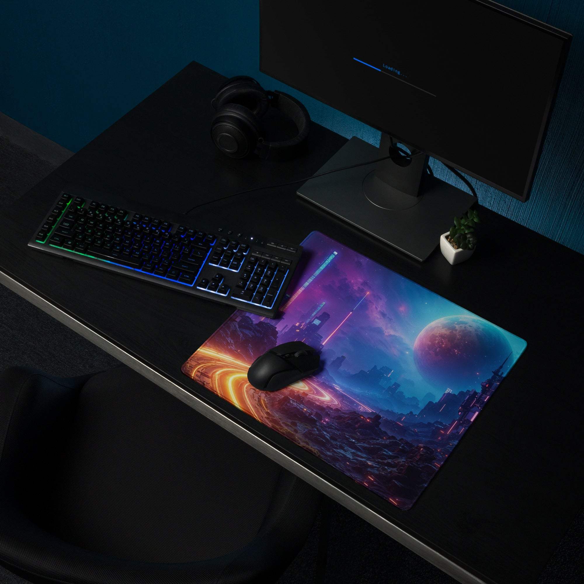 Cyberpunk Neon City Nightscape gaming mouse pad with cosmic cityscape
