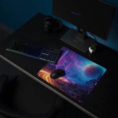 Cyberpunk Neon City Nightscape gaming mouse pad with cosmic cityscape