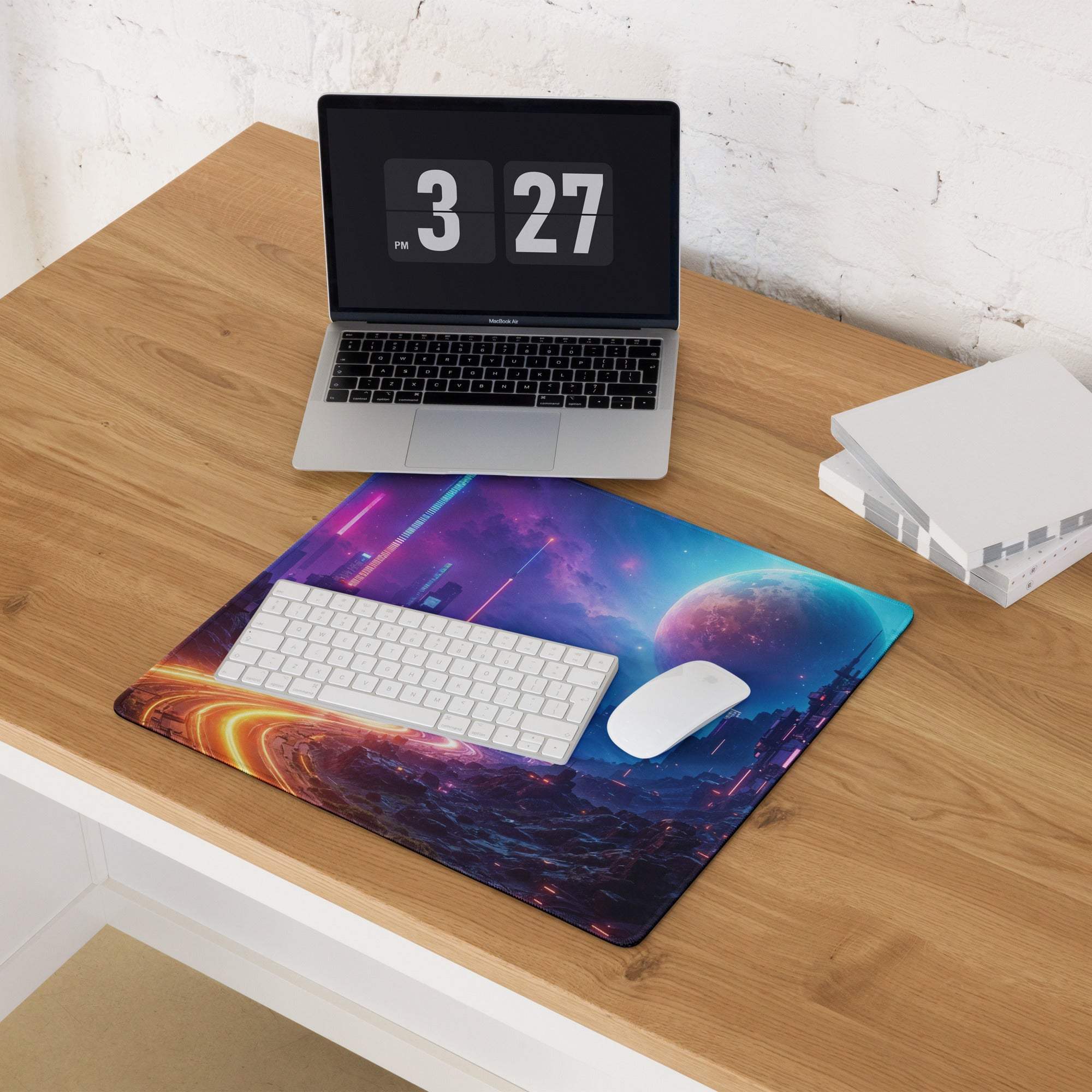 Cyberpunk neon galaxy mouse pad with non-slip base, large size
