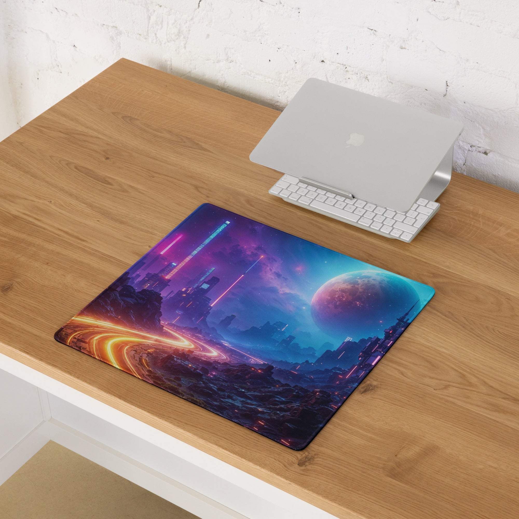 Cyberpunk neon city nightscape gaming mouse pad with non-slip base