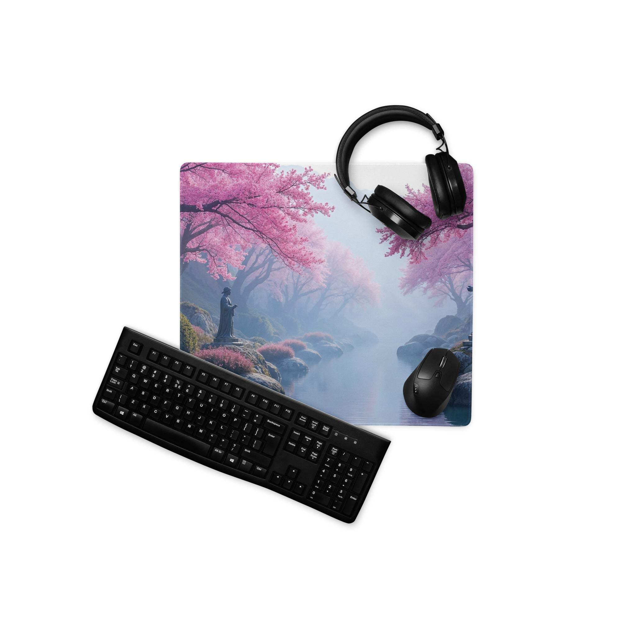 Dreamy pink cherry blossom landscape gaming mouse pad with non-slip base