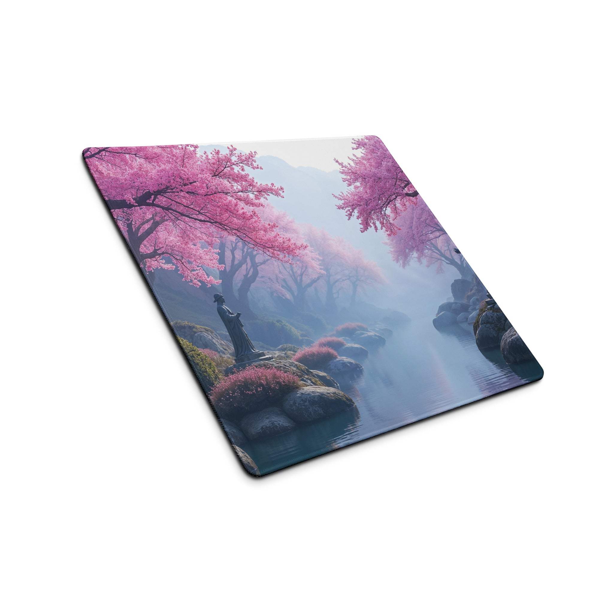 Dreamy pink cherry blossom landscape gaming mouse pad with non-slip base