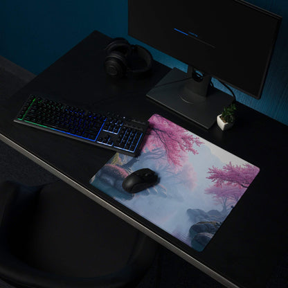 Dreamy pink cherry blossom landscape gaming mouse pad, large non-slip