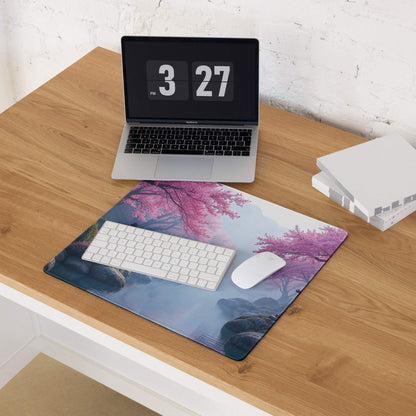 Dreamy pink cherry blossom landscape gaming mouse pad with non-slip base