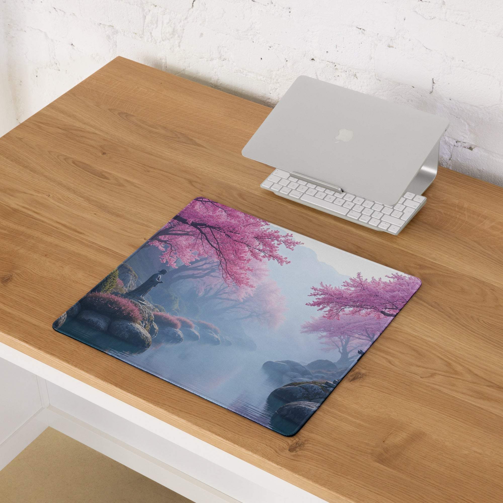 Dreamy pink cherry blossom landscape gaming mouse pad with non-slip base