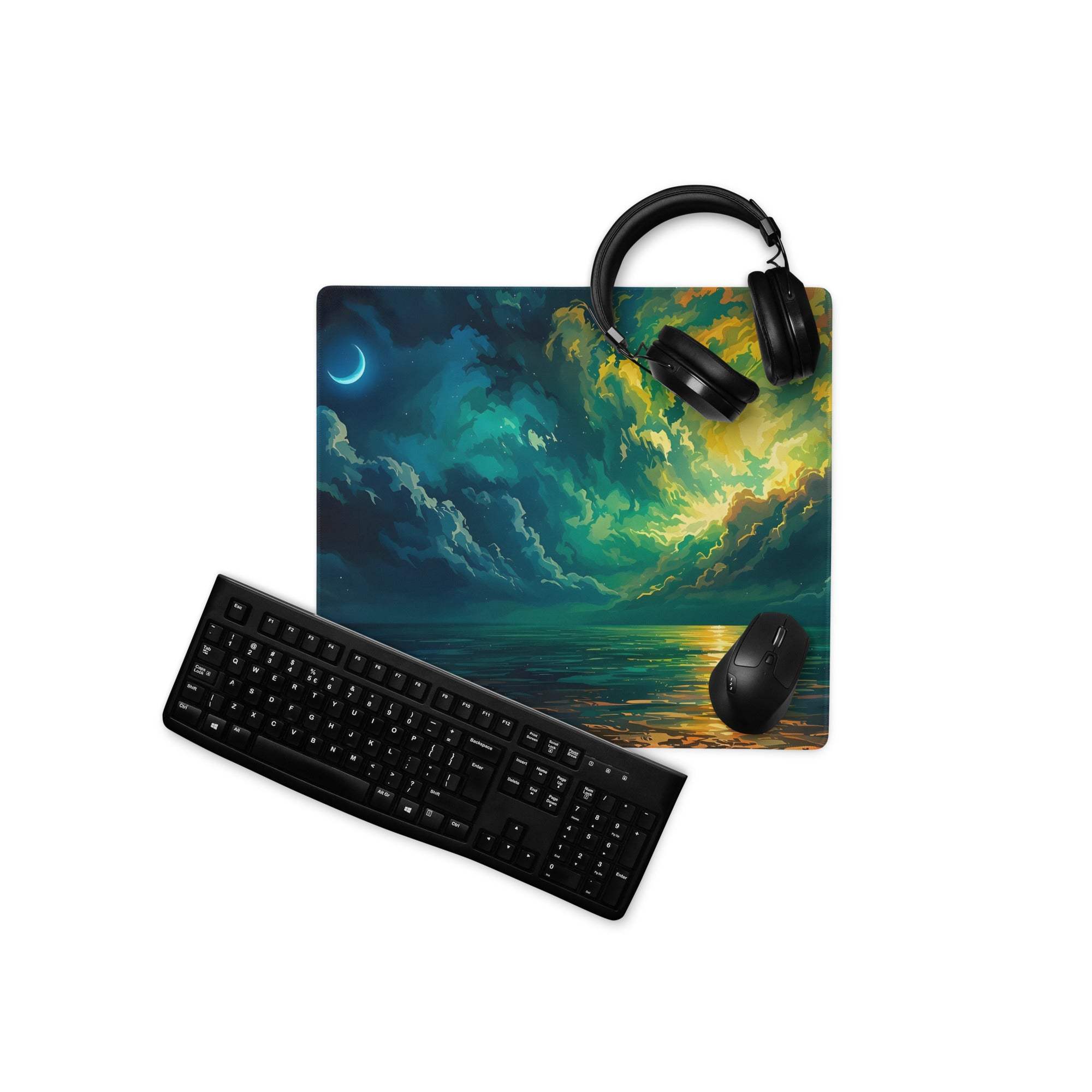 Vibrant aurora night sky gaming mouse pad with teal clouds, crescent moon, edge stitching, non-slip base