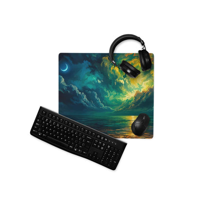 Vibrant aurora night sky gaming mouse pad with teal clouds, crescent moon, edge stitching, non-slip base