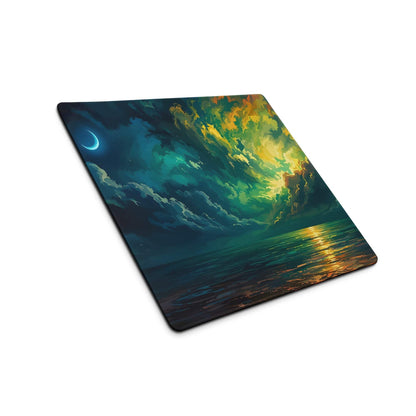 Vibrant aurora night sky gaming mouse pad with teal gold clouds, ocean, crescent moon