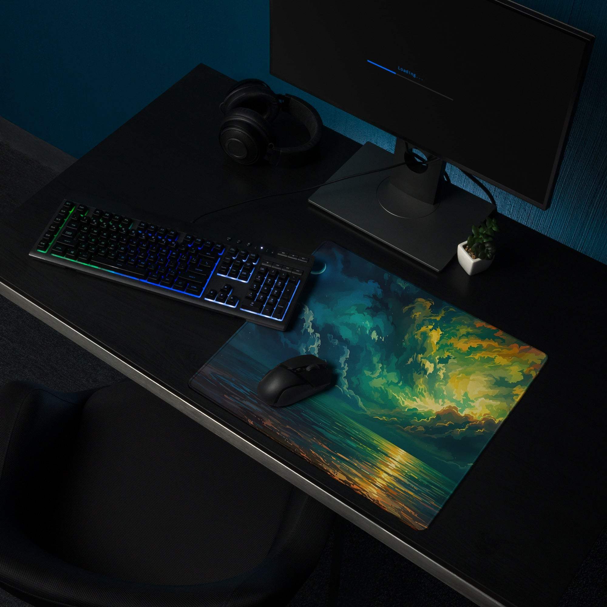 Vibrant aurora sunset ocean gaming mousepad with edge stitching