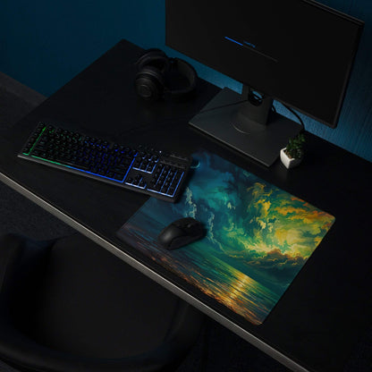 Vibrant aurora sunset ocean gaming mousepad with edge stitching