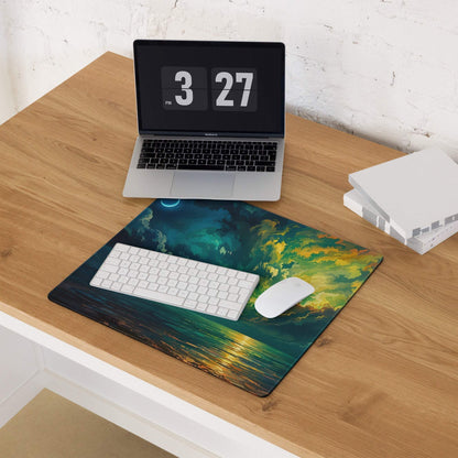 Vibrant aurora night sky gaming mouse pad with cosmic teal clouds, ocean, stitching, non-slip base