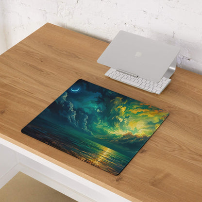 Vibrant aurora night sky gaming mouse pad with teal gold clouds crescent moon