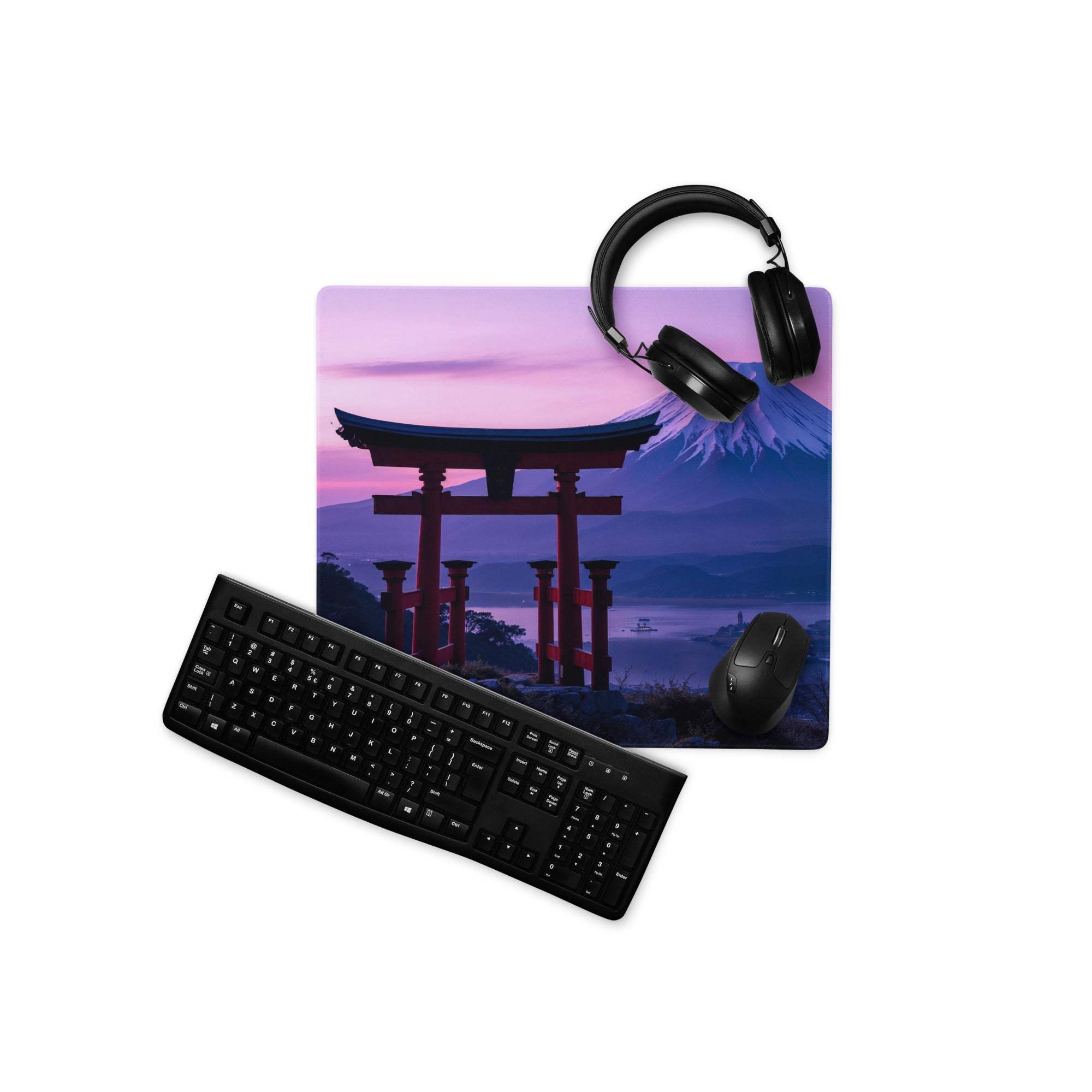 Scenic Mt Fuji torii gate sunset in pink purple hues gaming mouse pad