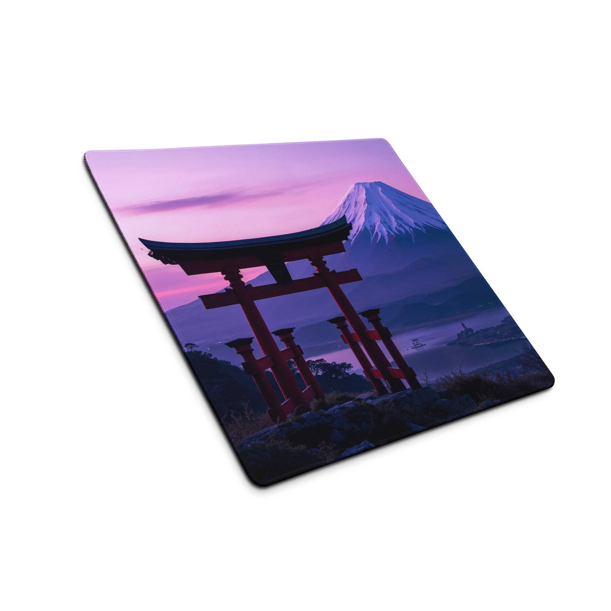 Scenic Mt Fuji sunset mouse pad with torii gate in pink purple hues