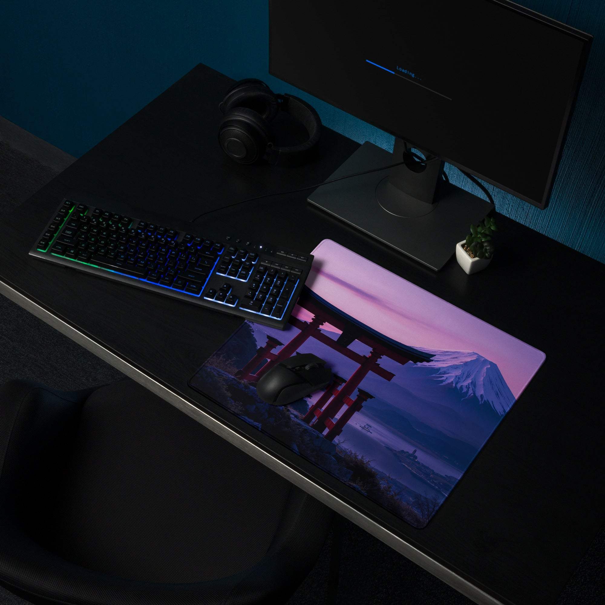 Scenic Mt Fuji sunset with torii gate in pink purple hues gaming mouse pad