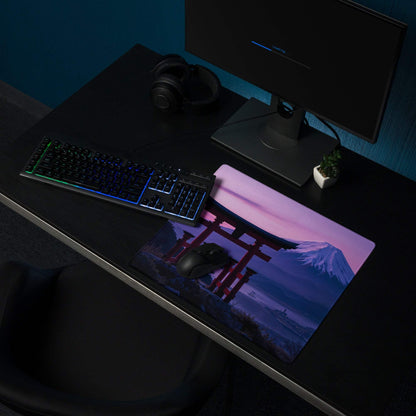 Scenic Mt Fuji sunset with torii gate in pink purple hues gaming mouse pad