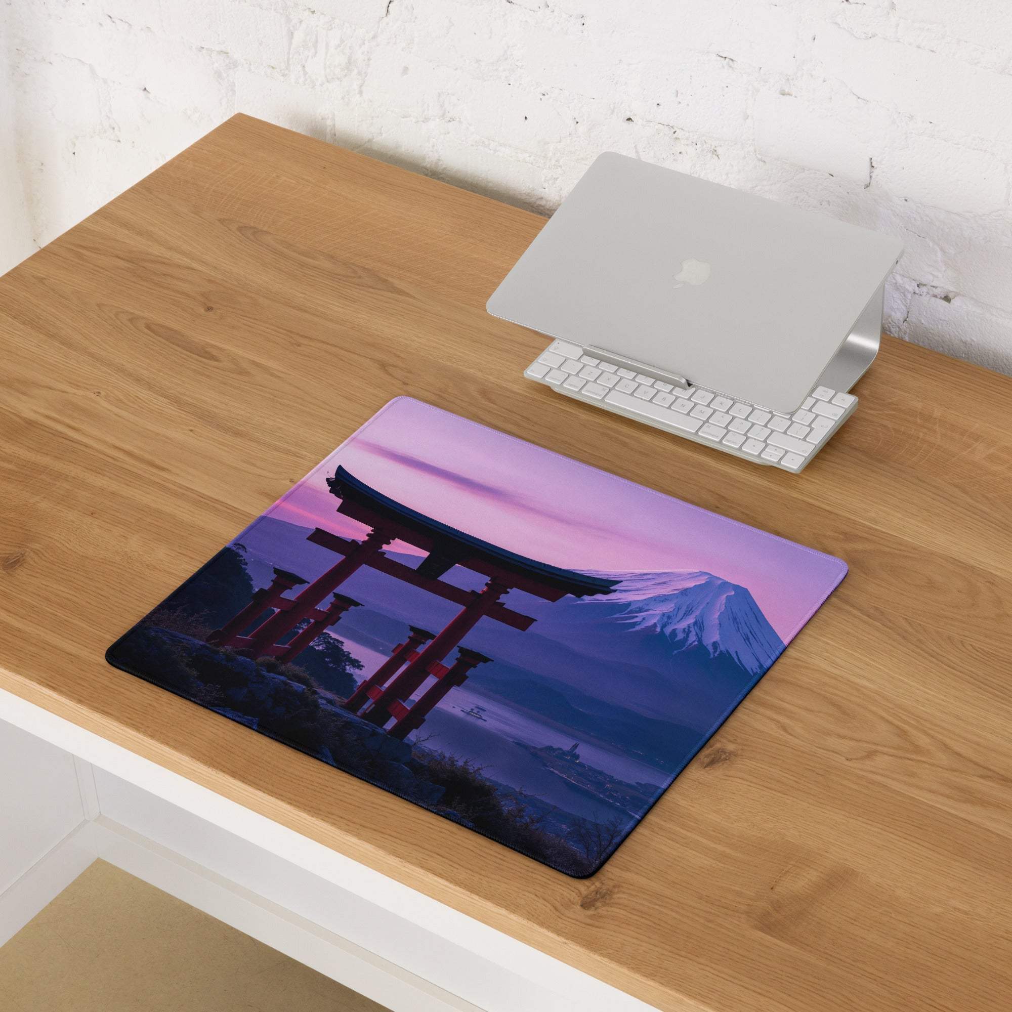 Scenic Mt Fuji sunset mouse pad with pink purple hues and red torii gate