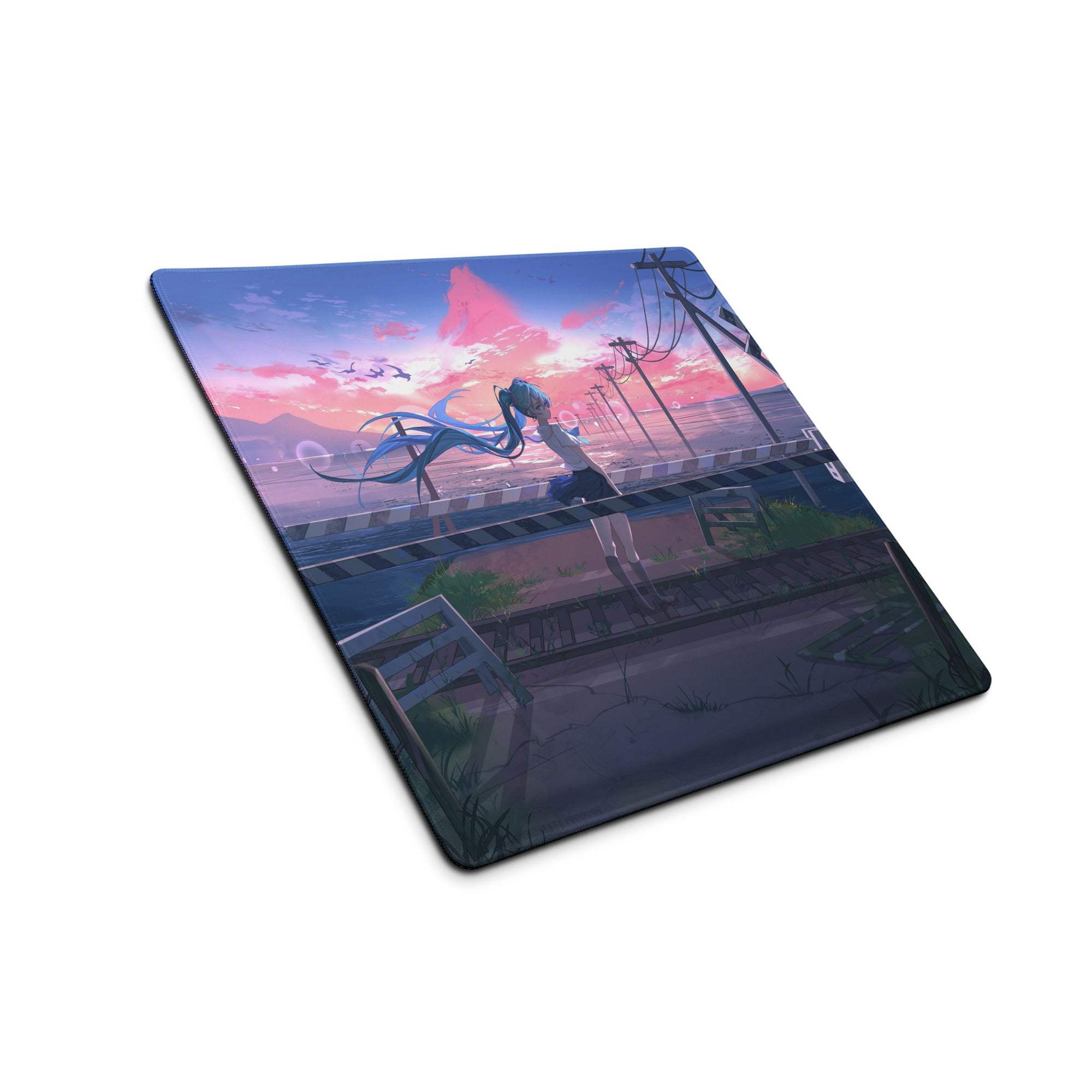 Anime-style long blue-haired character on sunset train tracks gaming mouse pad