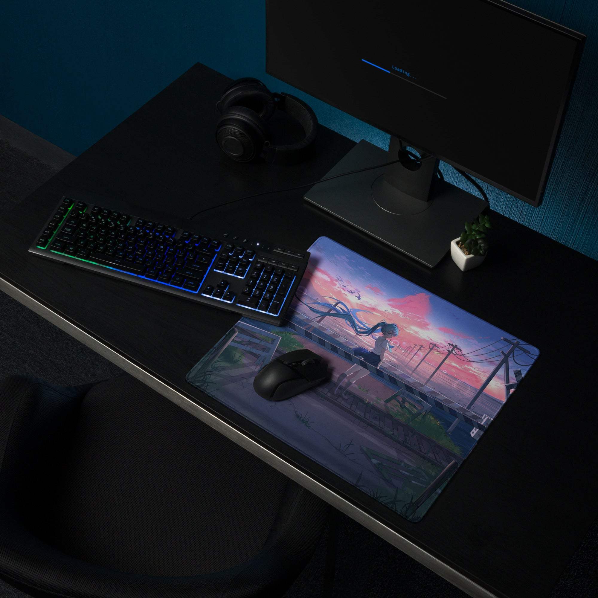 Anime style sunset purple mood large gaming mouse pad with character art