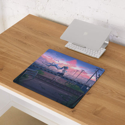 Anime girl with long blue hair on sunset train track gaming mouse pad