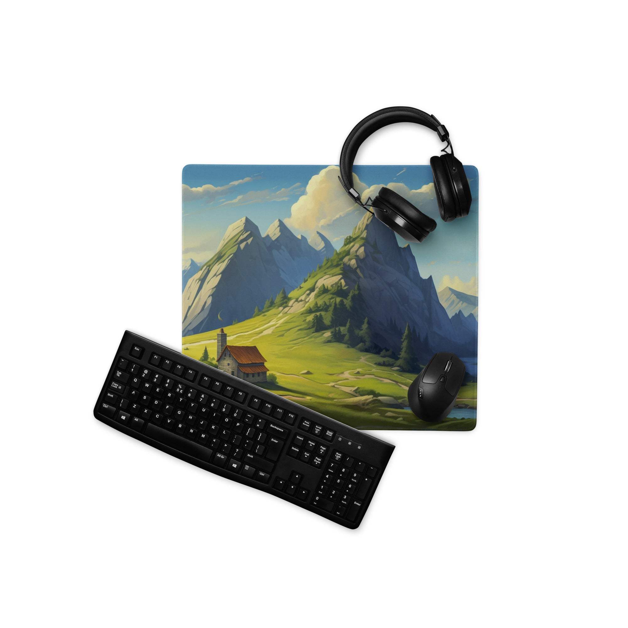 Epic mountain landscape gaming mouse pad with vibrant alpine scene