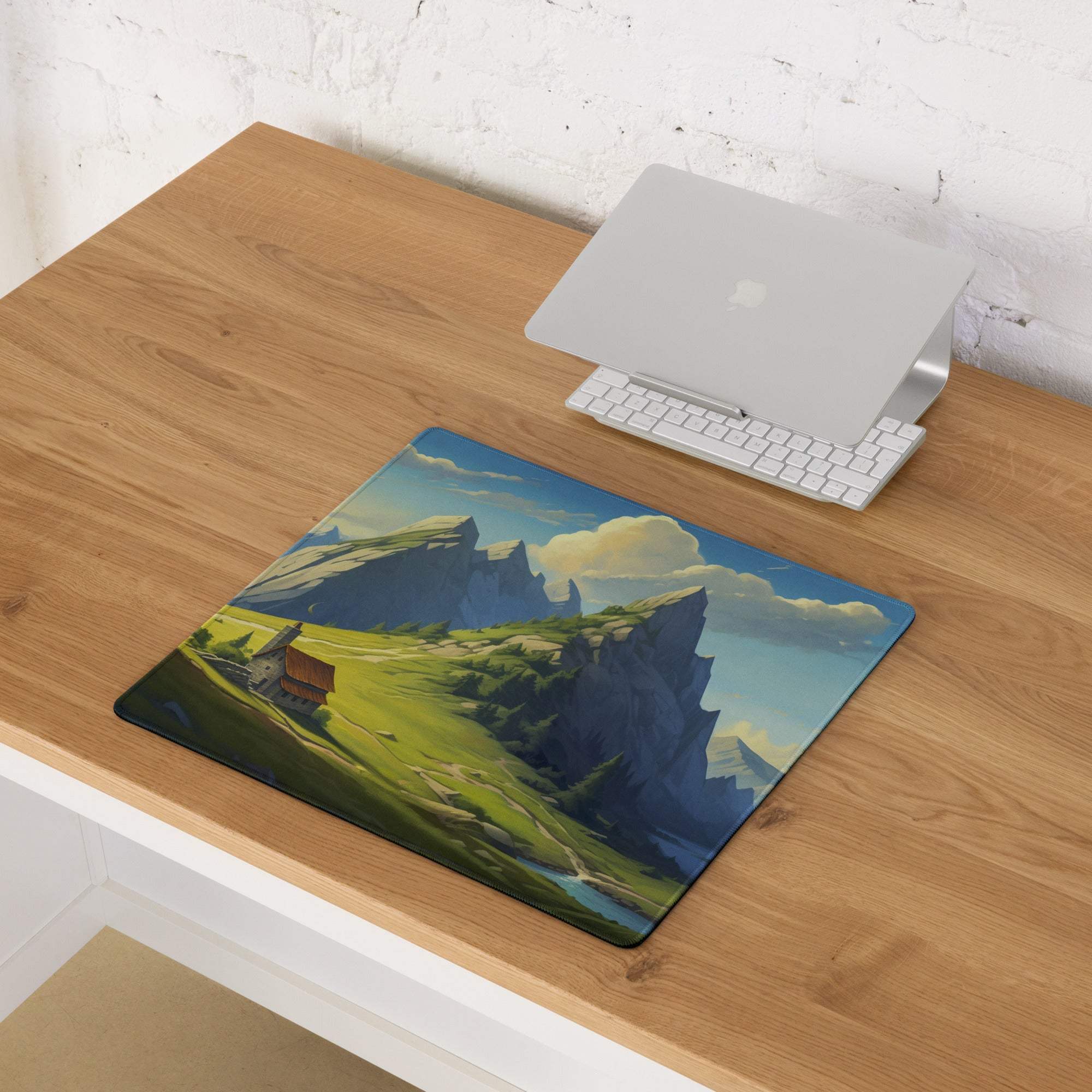 Epic mountain landscape gaming mouse pad with vibrant alpine scene