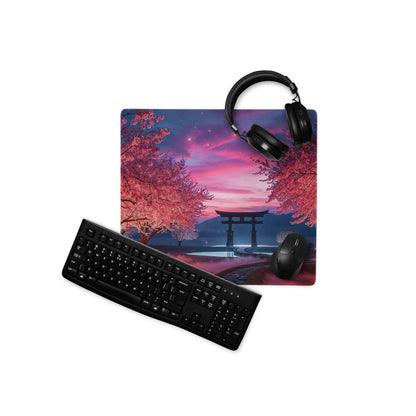 Vibrant sakura twilight gaming mouse pad with cherry blossoms, torii gate, non-slip base