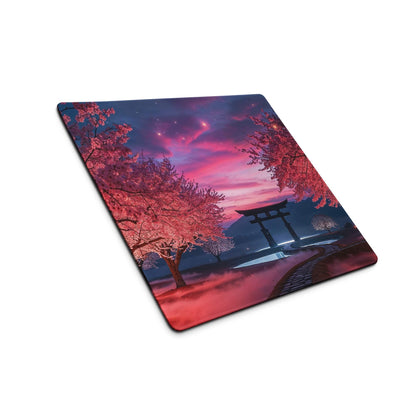 Vibrant sakura twilight gaming mouse pad with cherry blossoms and torii gate
