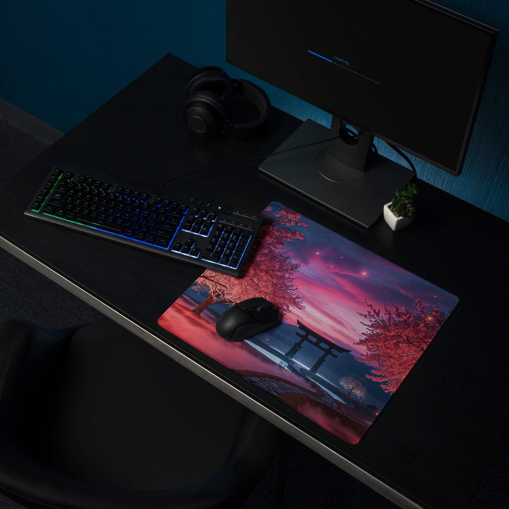 Vibrant sakura twilight gaming mouse pad with pink purple sunset, torii gate, non-slip base