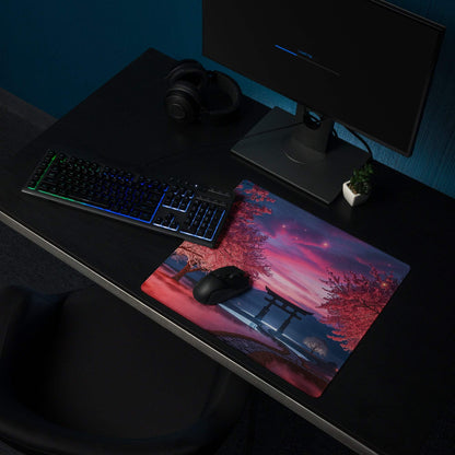 Vibrant sakura twilight gaming mouse pad with pink purple sunset, torii gate, non-slip base