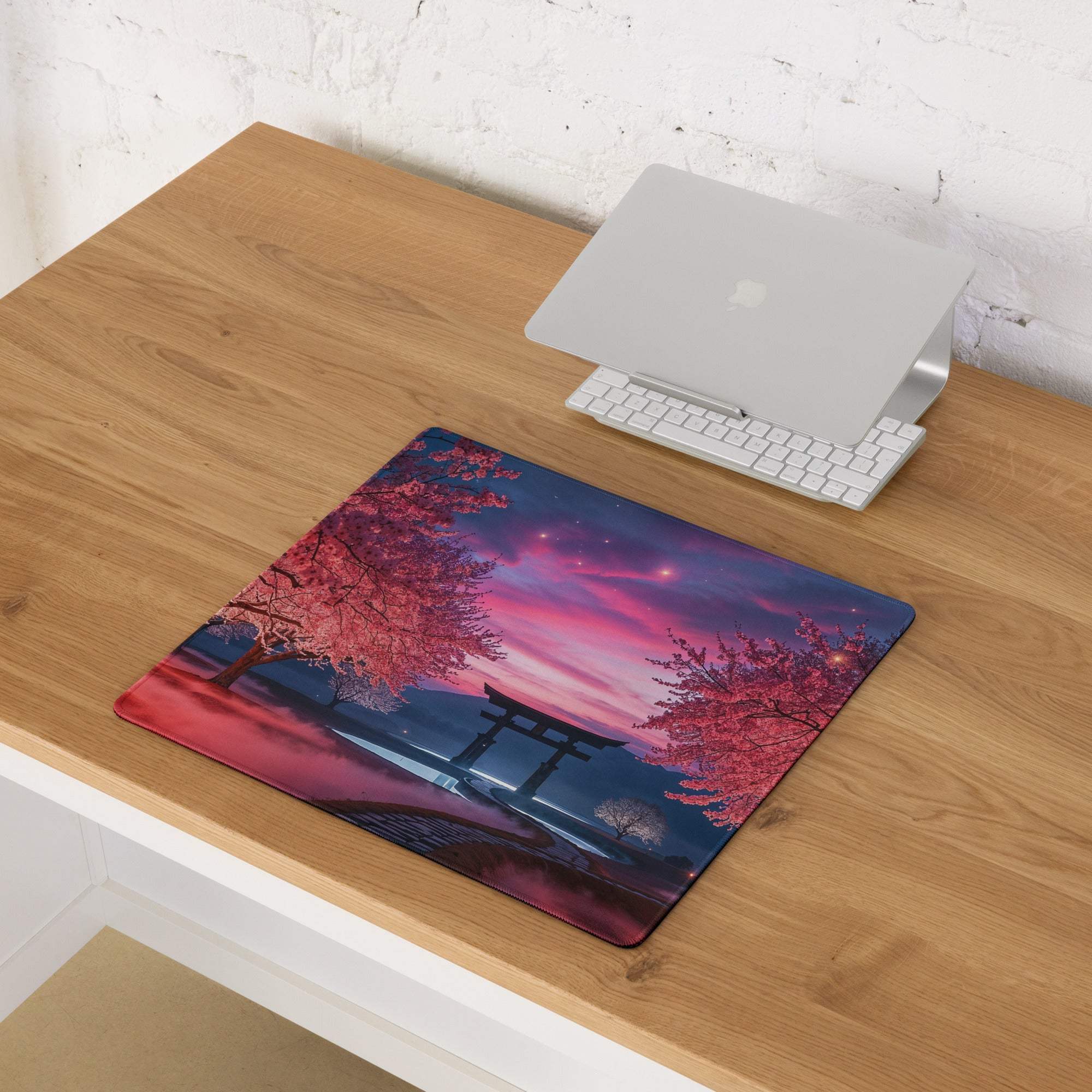 Vibrant sakura twilight gaming mouse pad with cherry blossom sunset and torii gate