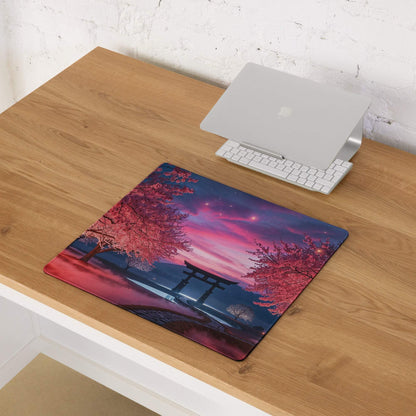 Vibrant sakura twilight gaming mouse pad with cherry blossom sunset and torii gate