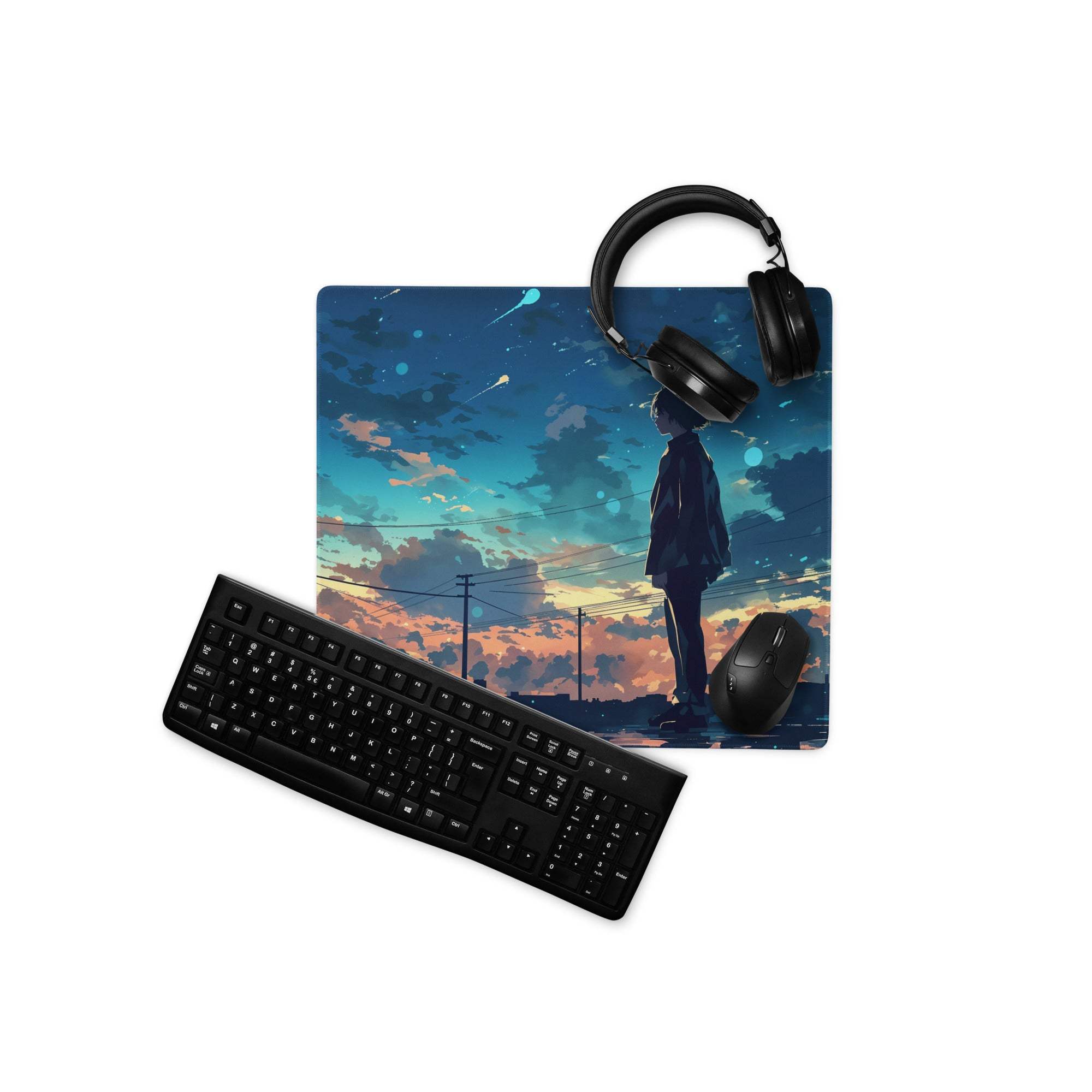 Anime silhouette at sunset cityscape blue twilight gaming mouse pad with black keyboard and mouse