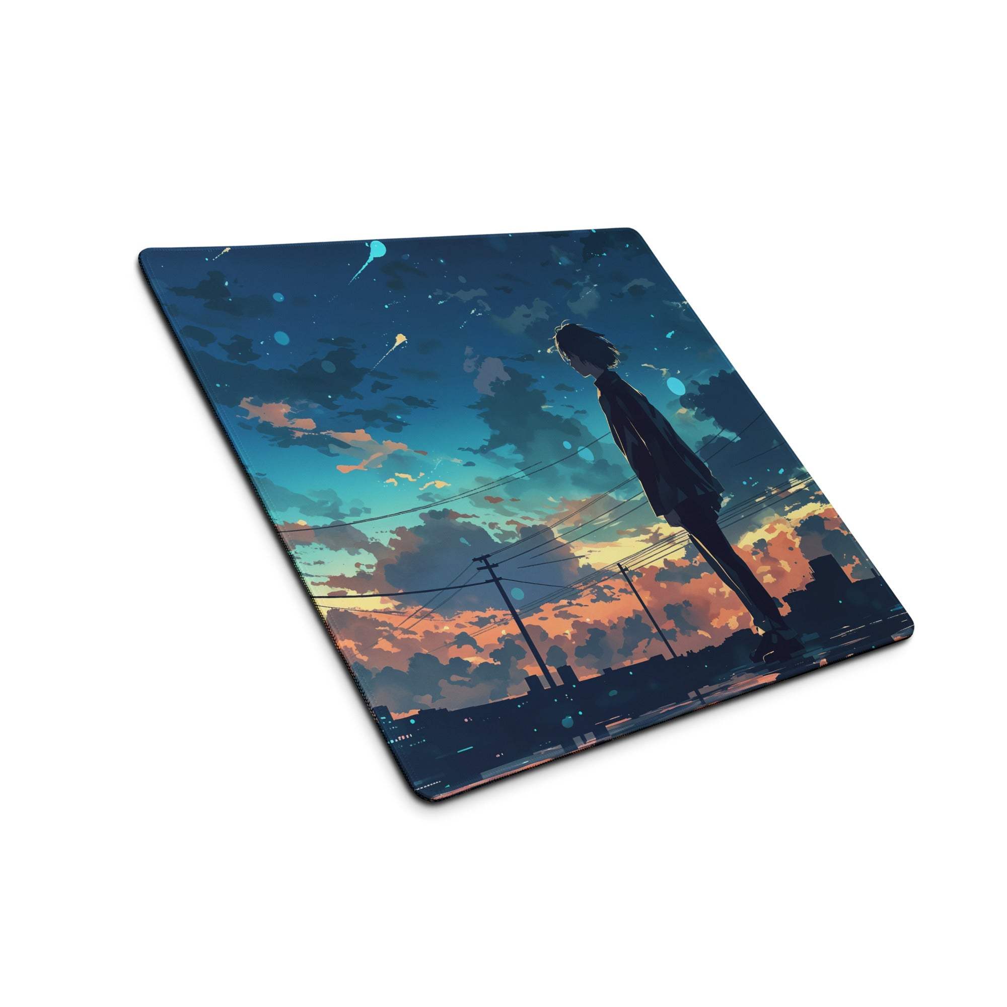 Anime silhouette on rooftop at twilight - large blue gaming mouse pad