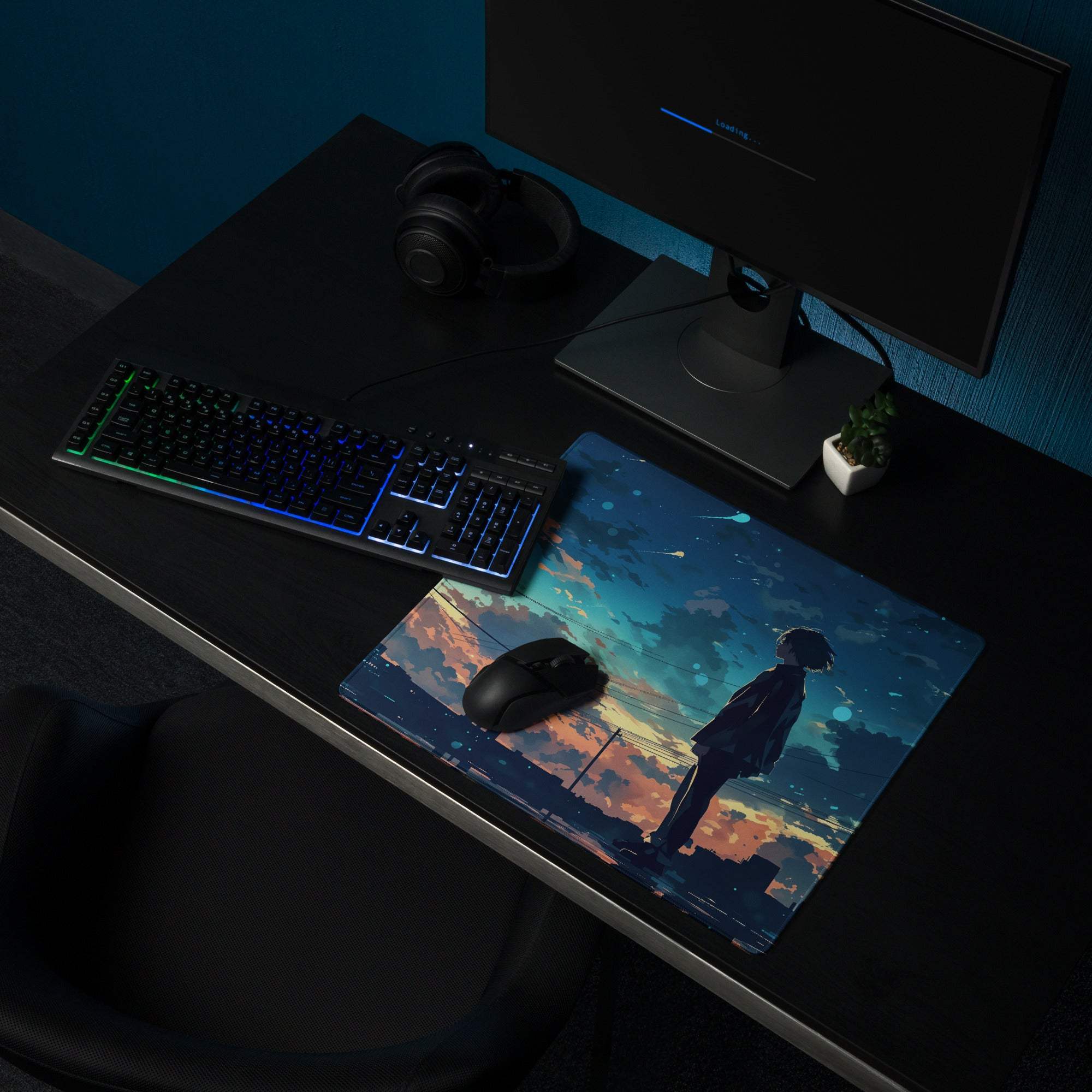 Anime silhouette at sunset cityscape large blue twilight gaming mouse pad