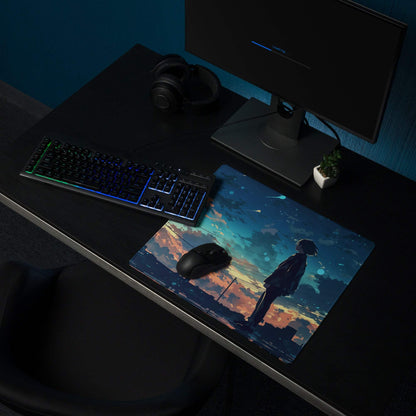 Anime silhouette at sunset cityscape large blue twilight gaming mouse pad