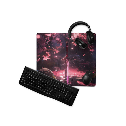 Dreamy pink sakura forest sword gaming mouse pad with headphones keyboard mouse